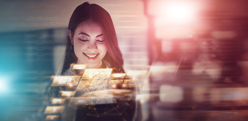 Image showing Overlay, software and cyber security with a business woman in a dark office working late at night on programming. Digital, cloud computing or programming with a female developer at work on a hologram