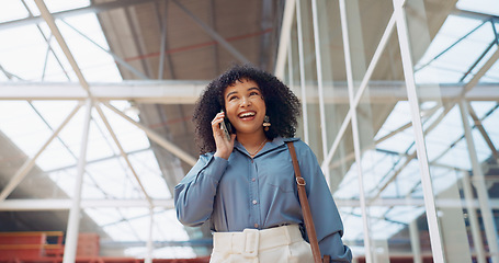 Image showing Phone call, smile or black woman travel in airport, office building or street for communication, networking or 5g network. London, tech or happy girl with smartphone walking, commute or travelling