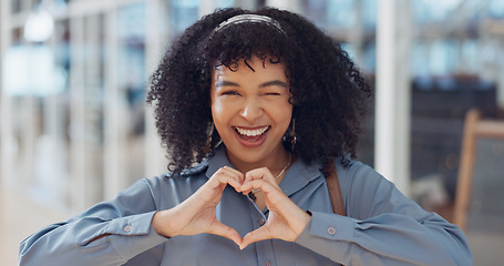 Image showing Business woman, face or heart sign in modern office, marketing customer support or client branding care. Portrait, happy smile or love hands gesture for creative designer, Brazil worker and employee