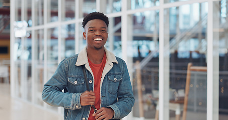 Image showing Black man, face and smile portrait in building for designer success, positive mindset and employee standing in lobby. African man, portrait and happy for innovation vision or entrepreneur headshot