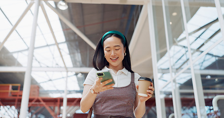 Image showing Morning, phone call and coffee of business woman from Japan with communication at a office. Mobile, talking and happy conversation of a Asian person with a smile and happiness ready for work