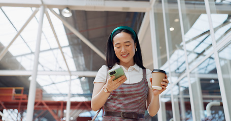 Image showing Morning, phone call and coffee of business woman from Japan with communication at a office. Mobile, talking and happy conversation of a Asian person with a smile and happiness ready for work