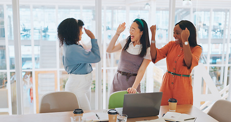 Image showing Success, high five and winner with business people at laptop cheering for celebration, support or goal. Team building, wow and growth with employees in workshop for achievement, deal and sales target