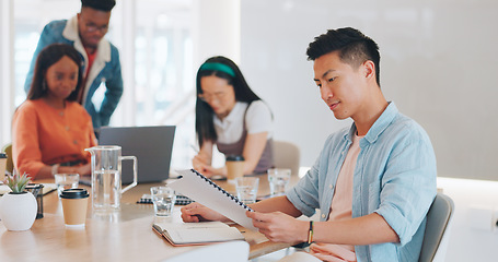 Image showing Face, leadership and Asian man in meeting at office with documents for sales, advertising or marketing. Boss, ceo and happy male entrepreneur with vision, mission or goals, targets or success mindset