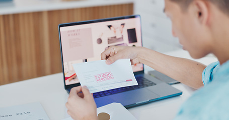 Image showing Man, debt letter delivery and office with laptop, social media marketing or disappointment in workplace. Businessman, reading post or compliance from logistics worker for payment on commercial credit