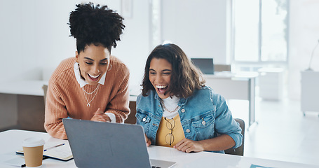 Image showing High five, laptop or happy employees with success in celebration of digital marketing SEO goals or kpi target. Bonus, wow or excited black woman or girl winner celebrate winning, email or good news