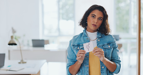 Image showing Gender equality, pay gap and woman with a sign in the office with a female and male symbol. Business, equity and girl employee with a feminism card in protest for equal salary, opportunity and equity