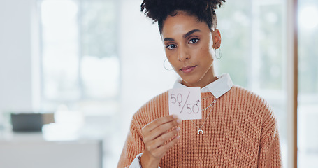 Image showing Gender equality, business woman with paper for equal pay, face and protest with feminism and equality in the workplace. Professional for fair opportunity, portrait and income equity with human rights