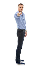 Image showing Choice, confident and portrait of a man pointing for a decision isolated on a white background. Happy, pride and mature handsome guy with hand gesture for choosing and giving motivation on a backdrop