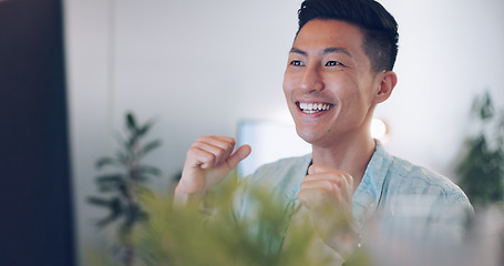 Image showing Business, Asian man and excited for corporate deal, celebration and promotion in office. Startup, male entrepreneur and freelancer with achievement, target and company goal for success and winning.