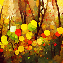 Image showing Autumn forest landscape. Colorful watercolor painting of fall se