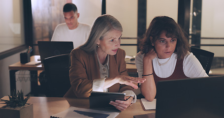 Image showing Laptop, tablet and business people teamwork on night project, digital finance portfolio or feedback review of stock market research. Financial economy, investment collaboration and trader trading nft