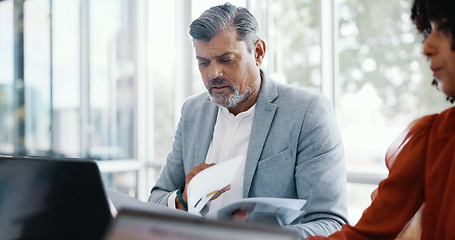 Image showing Business, man and leader with team, meeting and brainstorming for advertising campaign. Staff, ceo and coworkers have conversation, training for process and planning schedule for marketing or sales.