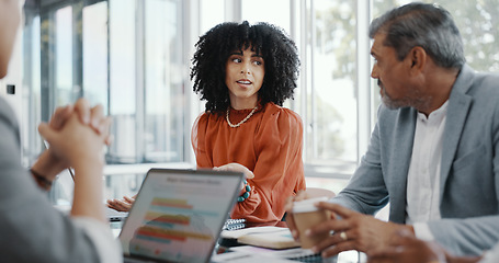 Image showing CEO, meeting or business people planning a strategy to increase sales for financial growth in office building. Team work, laptop or senior manager talking or speaking of project goals to employees