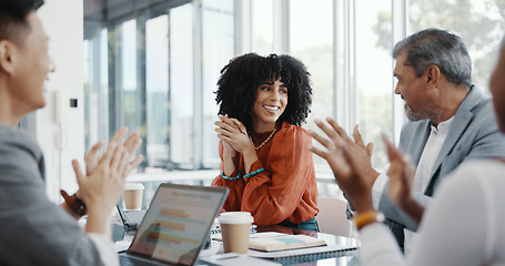 Image showing Promotion, meeting applause and happy black woman with business people clapping for kpi target announcement or career achievement. Congratulations, team support and employee excited job success news