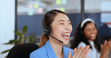 Image showing Call center, woman with success applause for telemarketing sale, crm achievement and target. Support, celebration and customer service worker clapping for technical support goal