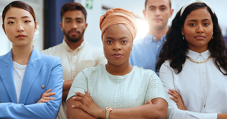 Image showing Diversity, teamwork and serious face with arms crossed for.business people leadership, employee confidence and support standing in office. Interracial team, strength portrait and trust collaboration