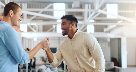 Image showing Handshake, greeting and business men at work with a welcome, thank you or communication. Happy, casual and corporate employees with hand gesture for a hello, agreement and coworking in an office