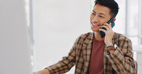 Image showing Phone call, communication and Asian business man talking on 5g conversation discussion, speaking and chat to networking contact. Digital mobile smartphone, ecommerce and Japanese person order stock