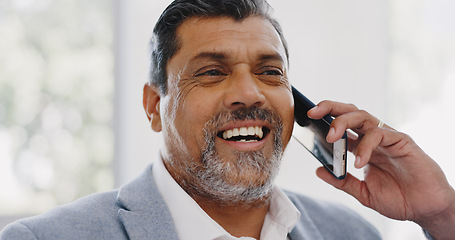 Image showing Phone call, business leadership and man in office for corporate communication, company negotiation and mobile networking. Mature entrepreneur talking, laughing and smile on smartphone for sales deal