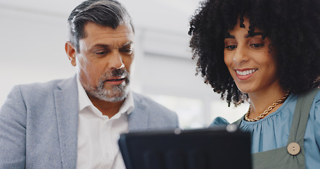 Image showing Corporate black woman, businessman or tablet for planning, schedule or analytics in office for teamwork. Woman, senior man and digital tech for social media marketing, strategy or focus in New York