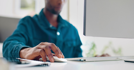 Image showing Office computer mouse, hands and black man working feedback review of social media, customer experience or ecommerce. Website analytics, research report and media analyst doing online survey analysis