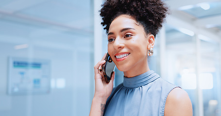 Image showing Business phone call, startup networking and black woman with phone communication, creative smile and vision for company. Comic conversation, mobile discussion and worker planning on a smartphone