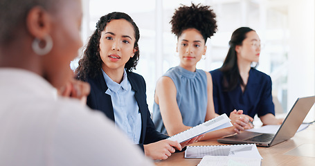 Image showing Teamwork, collaboration and business people with documents in meeting. Planning, laptop and group of women with computer and paperwork discussing sales, advertising or marketing strategy in office.