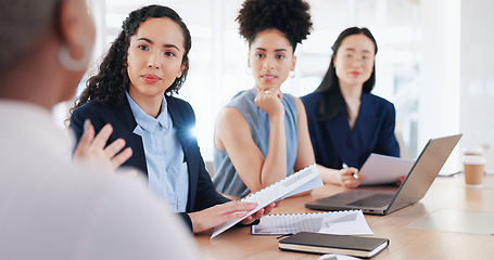 Image showing Teamwork, collaboration and business people with documents in meeting. Planning, laptop and group of women with computer and paperwork discussing sales, advertising or marketing strategy in office.