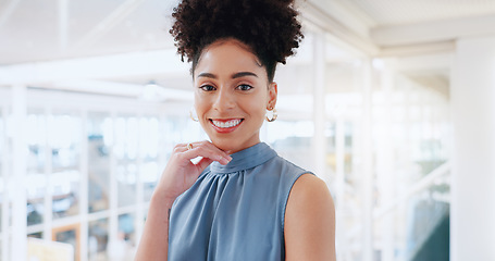 Image showing Smile, face and black woman in office building for business leadership, trust and vision. Portrait, happiness and professional young female in startup agency for success, management and motivation