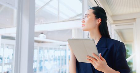 Image showing Business woman, tablet and thinking with focus, technology and company communication, typing email and digital report. Internet, wifi and ux, networking and Asian employee inspiration in Japan office