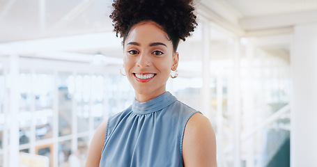 Image showing Smile, face and black woman in office building for business leadership, trust and vision. Portrait, happiness and professional young female in startup agency for success, management and motivation