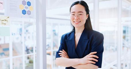 Image showing Happy, smile and face of business woman in office for management, leadership and vision. Professional, executive and future with portrait of asian woman in startup agency for mindset, career or goal