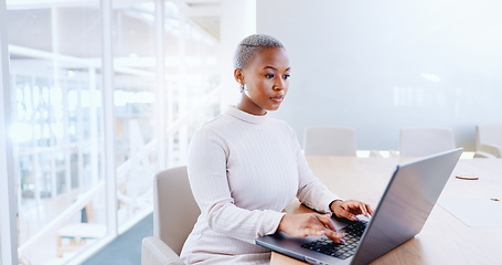 Image showing Laptop, business and black woman typing in office workplace. Planning, working and female employee writing sales project, marketing email or advertising strategy, proposal or research on computer.