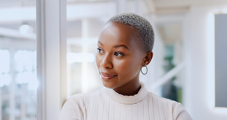 Image showing Face, thinking and black woman happy in office workplace or company. Idea, planning and smile of cheerful, proud and pensive female employee lost in thoughts, nostalgic or contemplating good memory.