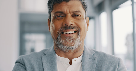 Image showing CEO, face or senior businessman with leadership, success mindset or corporate experience in office building. Mentor, portrait or happy Indian manager director with career goals, vision or motivation