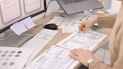 Image showing UX design, mobile app and woman hands planning user screen for software development, graphic design and digital decision. Creative, productivity and planner UI developer strategy on multimedia tech