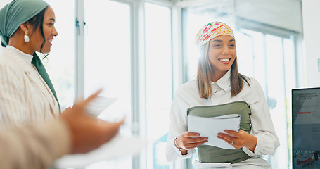 Image showing Business woman, leadership or speaker in training, workshop or presentation in diversity growth, target or goals. Talking, mentor or presentation on paper, documents or tech in teamwork collaboration