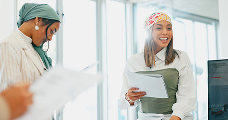 Image showing Business woman, leadership or speaker in training, workshop or presentation in diversity growth, target or goals. Talking, mentor or presentation on paper, documents or tech in teamwork collaboration