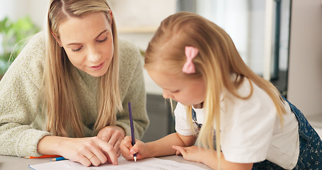 Image showing Education, mother and learning child writing or drawing for kindergarten school homework or project in a house. Support, development and mama helping or working with a smart and creative girl student