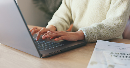 Image showing Laptop, computer and business woman hand typing, writing on notebook for planning, schedule and meeting review. Zoom, hands and strategy analytics for collaboration, research and KPI growth