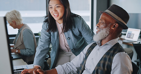 Image showing Business, manager training employee and conversation for system process, schedule and office. Black man, Asian woman and discussion for new trainee, intern and talking for online analysis and leader.