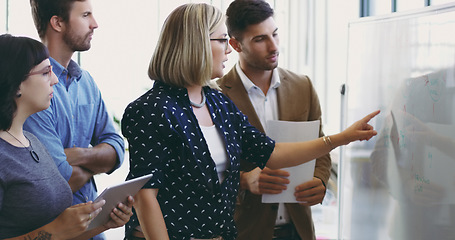 Image showing Presentation, teamwork and planning with woman speaker in meeting pointing for strategy, branding and chart. Agenda, data or collaboration with business people in workshop for leadership and coaching