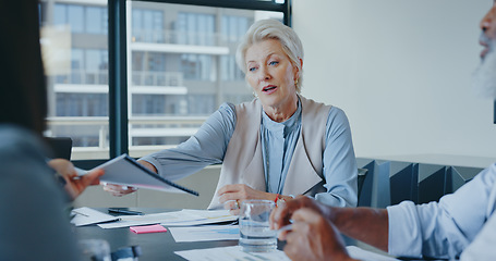 Image showing Senior woman, leader and team collaboration with documents planning marketing strategy, sales management and goals target support. Business people, teamwork and mature woman leadership with reports