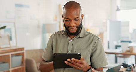 Image showing Tablet, office and business black man with digital marketing, company asset management and startup career. Commerce, technology and businessman entrepreneur, boss or manager in a work smile portrait