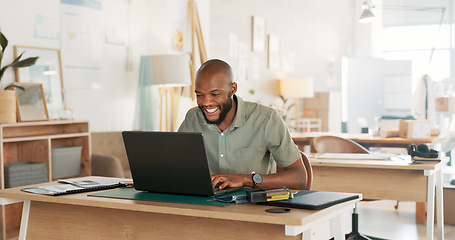 Image showing Email, phone and businessman working, planning and in communication with people on the internet at work. African manager, worker or employee typing on a laptop and reading on a mobile in an office