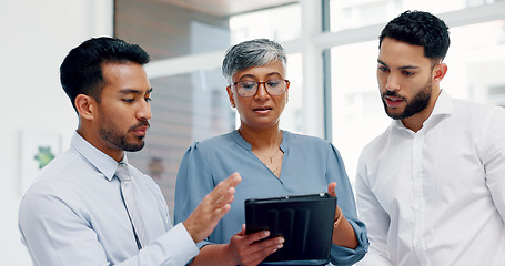 Image showing Tablet, collaboration or business people for teamwork in office building for marketing strategy, web SEO growth or research. Meeting, happy or manager on tech planning, social media or network blog