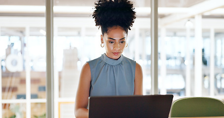 Image showing Thinking, laptop and business woman in the office doing research online for a corporate project. Technology, ideas and professional female employee from Mexico working on a report in the workplace.