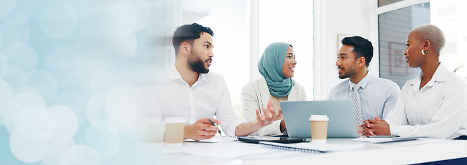 Image showing Research, diversity or business people on laptop in office for marketing strategy, web SEO growth or business meeting. Teamwork, happy or collaboration on tech planning, social media or network blog