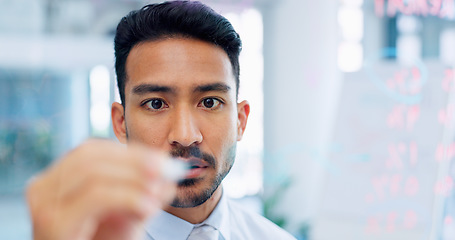 Image showing Thinking, strategy and serious businessman writing on glass wall with thoughtful analysis in office. Brainstorming, planning and vision of corporate worker with focus, concentration and idea.